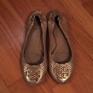 Tory Burch Gold Snakeskin Reva Flats, size 8.5